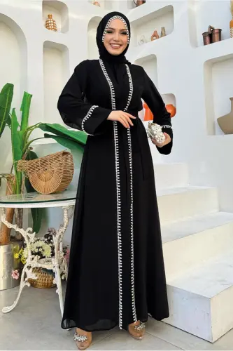 KADIN SİYAH KUŞAKLI ABAYA TAKIM T 3948 - SİYAH 