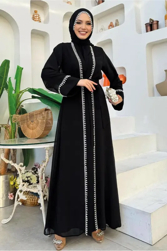 KADIN SİYAH KUŞAKLI ABAYA TAKIM T 3948 - SİYAH - 1