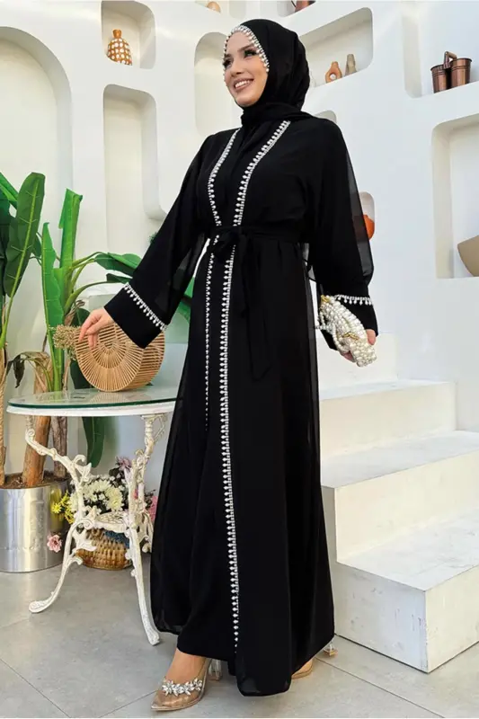 KADIN SİYAH KUŞAKLI ABAYA TAKIM T 3948 - SİYAH - 2