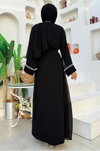 KADIN SİYAH KUŞAKLI ABAYA TAKIM T 3948 - SİYAH - 3