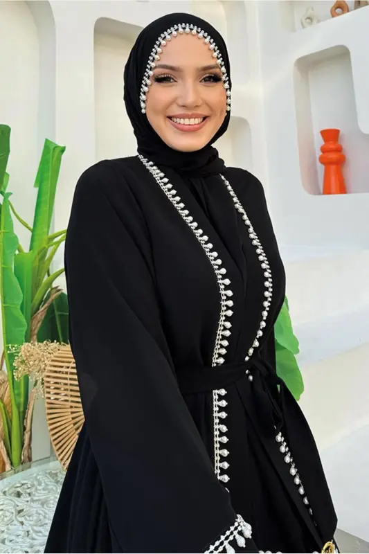 KADIN SİYAH KUŞAKLI ABAYA TAKIM T 3948 - SİYAH - 4