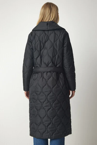 Kadın Siyah Kuşaklı Şal Yaka KapitoneKaban dz00089-Siyah - 6