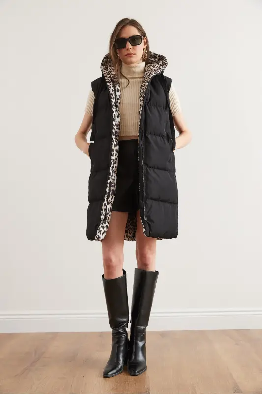 Kadın Siyah Leopar Çift Taraflı Dolgulu Kapüşonlu Dokuma Yelek YLK-19000013-Siyah Leopar - 2