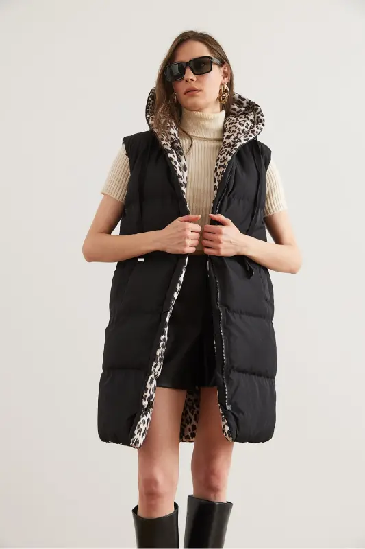 Kadın Siyah Leopar Çift Taraflı Dolgulu Kapüşonlu Dokuma Yelek YLK-19000013-Siyah Leopar - 3