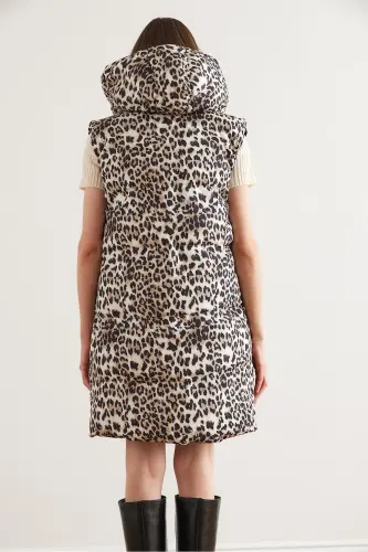 Kadın Siyah Leopar Çift Taraflı Dolgulu Kapüşonlu Dokuma Yelek YLK-19000013-Siyah Leopar - 7