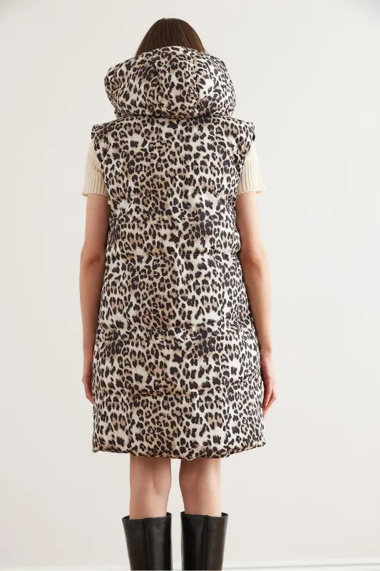 Kadın Siyah Leopar Çift Taraflı Dolgulu Kapüşonlu Dokuma Yelek YLK-19000013-Siyah Leopar - 7