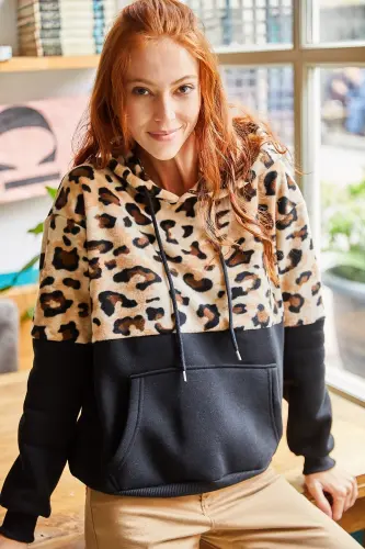 Kadın Siyah Leopar Polar Leopar Detaylı İçi Polarlı Kalın Sweatshirt SWT-19000470 - Siyah Leopar - 4