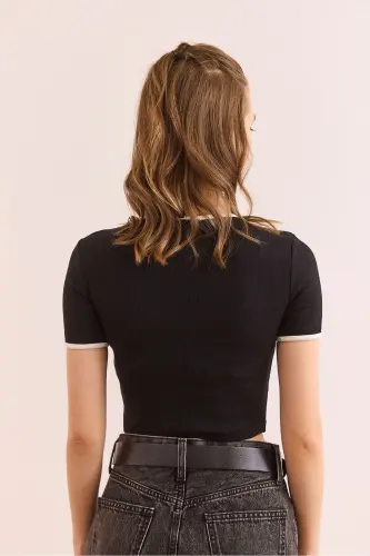 Kadın Siyah Love Nakışlı Crop Esnek Pamuk Bluz BLZ-19002905-Siyah - 6