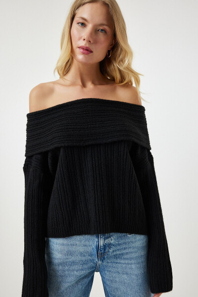 Kadın Siyah Madonna Yaka Triko Kazak PF00049-Siyah 