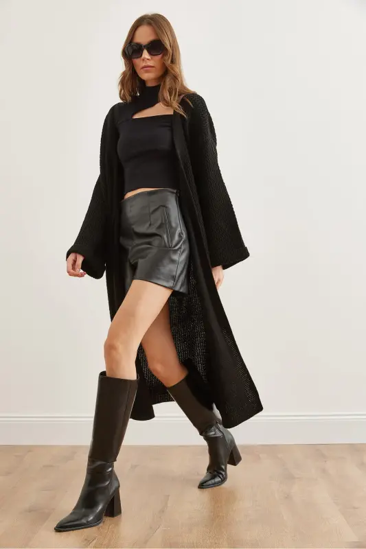 Kadın Siyah Manşeti Katlamalı Maxi Triko Hırka HRK-19000297-Siyah - 4