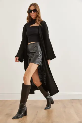 Kadın Siyah Manşeti Katlamalı Maxi Triko Hırka HRK-19000297-Siyah - 4