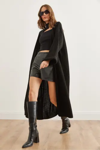 Kadın Siyah Manşeti Katlamalı Maxi Triko Hırka HRK-19000297-Siyah - 5