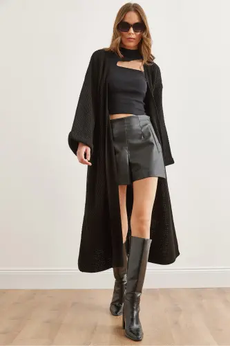 Kadın Siyah Manşeti Katlamalı Maxi Triko Hırka HRK-19000297-Siyah 