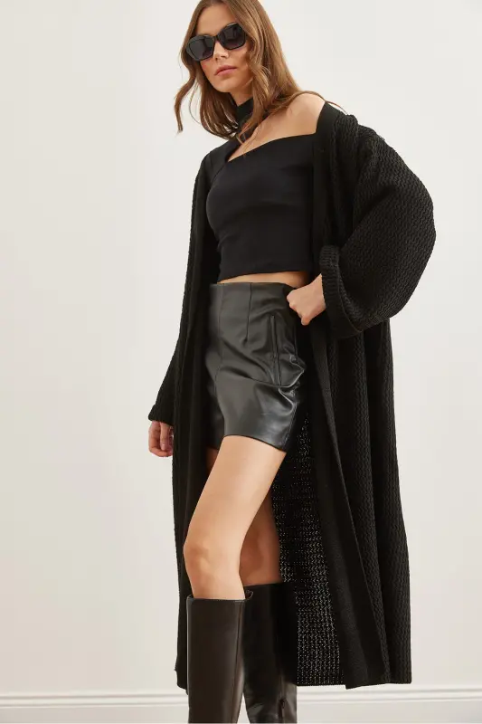 Kadın Siyah Manşeti Katlamalı Maxi Triko Hırka HRK-19000297-Siyah - 3