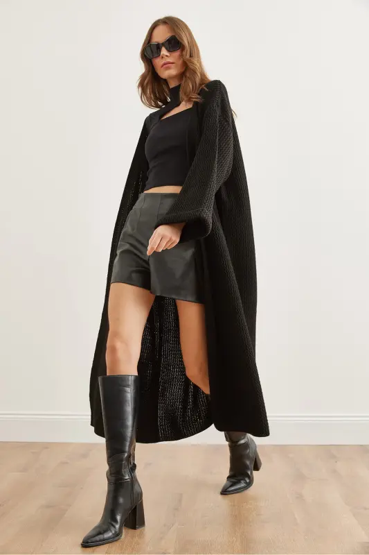 Kadın Siyah Manşeti Katlamalı Maxi Triko Hırka HRK-19000297-Siyah - 5