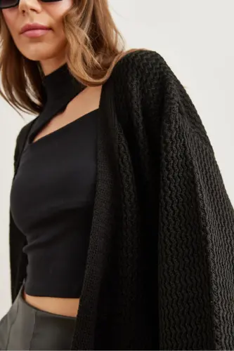 Kadın Siyah Manşeti Katlamalı Maxi Triko Hırka HRK-19000297-Siyah - 6