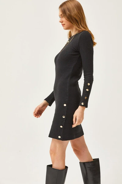 Kadın Siyah Manşeti ve Eteği Düğme Detaylı Şardonlu Mini Elbise ELB-19002042-Siyah - 2