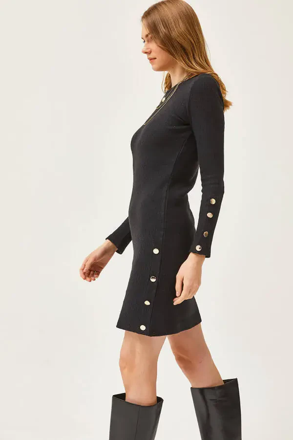 Kadın Siyah Manşeti ve Eteği Düğme Detaylı Şardonlu Mini Elbise ELB-19002042-Siyah - 2