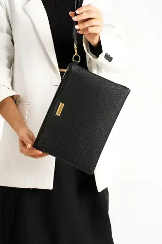 Siyah Metal Aksesuarlı El Askılı Portföy Clutch Çanta 25x19 Cm-Siyah - 1
