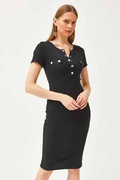 Kadın Siyah Metal Patlı Aksesuar Cepli Likralı Mini Pamuk Elbise ELB-19002067-Siyah - Modazone (1)