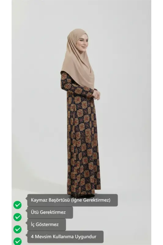Kadın, Siyah Motif Desenli, Çantalı, Pratik Tek Parça Kaymaz Başörtülü, Tesettür Namaz Elbisesi 2312 - 00565 Siyah Bej - 2