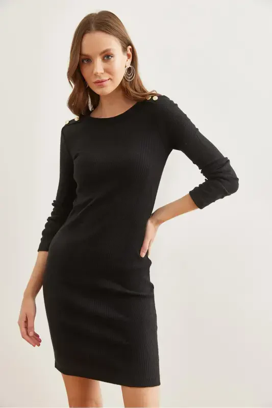 Kadın Siyah Omuzu Düğmeli Şardonlu Mini Esnek Elbise ELB-19002262-Siyah - 2