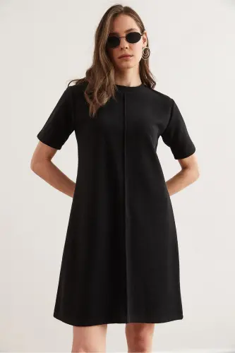Schwarzes Mini-Thessaloniki-Kleid mit Nähten an der Vorderseite für Damen ELB- 19002335 - Schwarz - 5