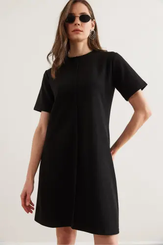 Schwarzes Mini-Thessaloniki-Kleid mit Nähten an der Vorderseite für Damen ELB- 19002335 - Schwarz - 6