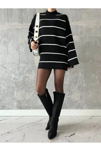 Kadın Siyah Oversize Çizgili Yarım Balıkçı Yaka Triko Kazak, Çizgili Kazak - siyahçizgili - 3