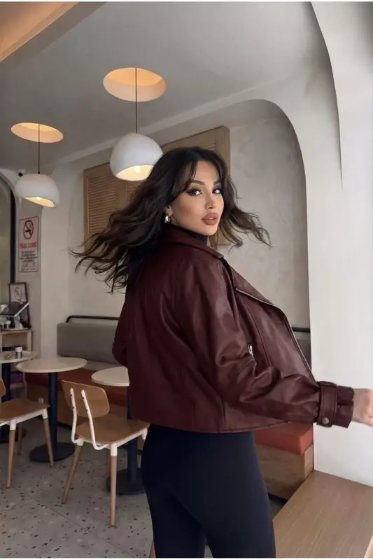 Kadın Siyah Oversize Deri Ceket-Bordoo - 3