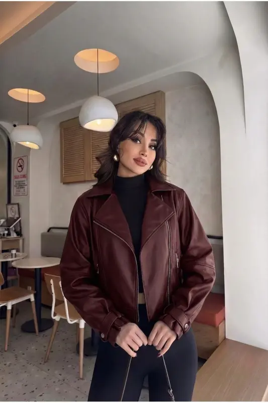 Kadın Siyah Oversize Deri Ceket-Bordoo - LALELI BUTIK