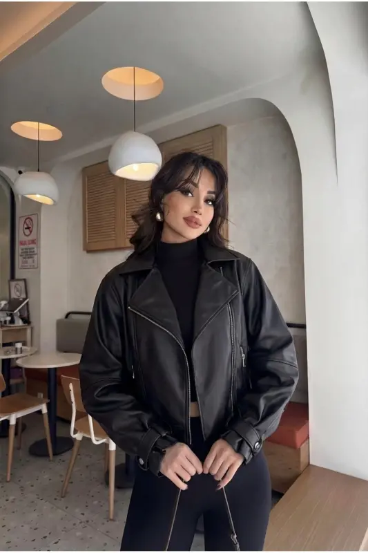 Kadın Siyah Oversize Deri Ceket-Siyahh - LALELI BUTIK