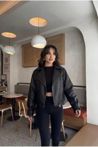Kadın Siyah Oversize Deri Ceket-Siyahh - LALELI BUTIK (1)
