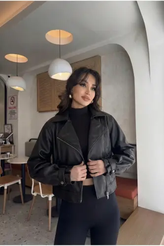 Kadın Siyah Oversize Deri Ceket-Siyahh - 3