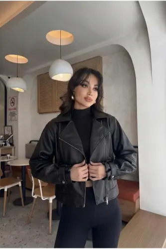 Kadın Siyah Oversize Deri Ceket-Siyahh - 4