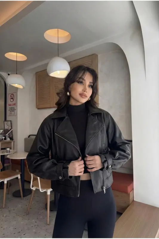 Kadın Siyah Oversize Deri Ceket-Siyahh - 3