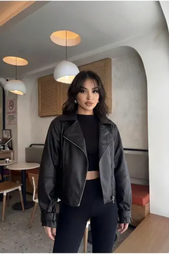 Kadın Siyah Oversize Deri Ceket-Siyahh - 5