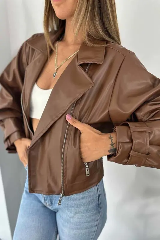 Kadın Siyah Oversize Deri Ceket - taba - 1