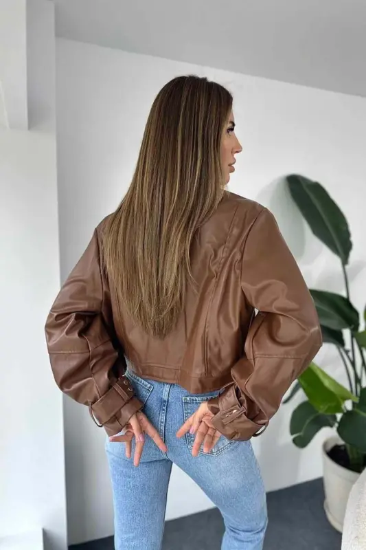 Kadın Siyah Oversize Deri Ceket - taba - 2