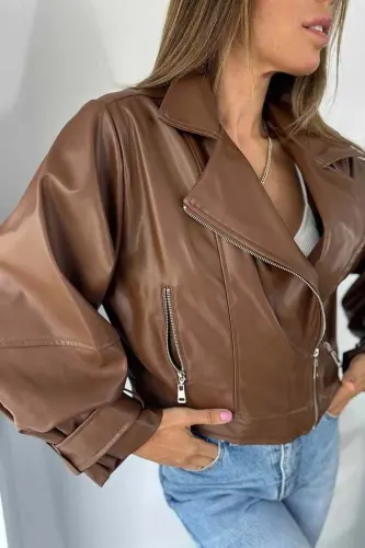 Kadın Siyah Oversize Deri Ceket - taba - 3