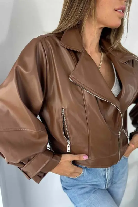 Kadın Siyah Oversize Deri Ceket - taba - 3
