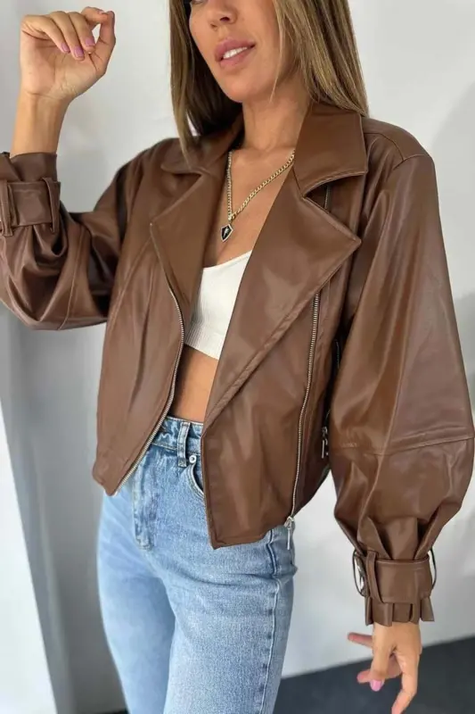 Kadın Siyah Oversize Deri Ceket - taba - 5