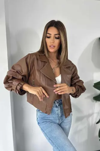Kadın Siyah Oversize Deri Ceket - taba - 6
