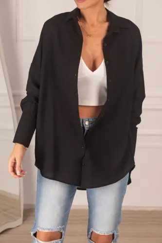 Kadın Siyah Oversize Dokulu Keten Görünümlü Geniş Manşetli Gömlek Arm-24k001001-Siyah - ARMONIKA (1)