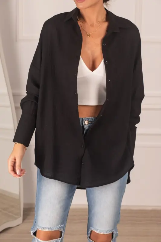Kadın Siyah Oversize Dokulu Keten Görünümlü Geniş Manşetli Gömlek Arm-24k001001-Siyah - 2