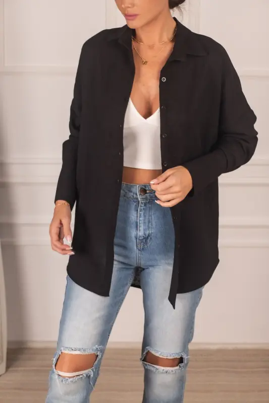 Kadın Siyah Oversize Dokulu Keten Görünümlü Geniş Manşetli Gömlek Arm-24k001001-Siyah - 3