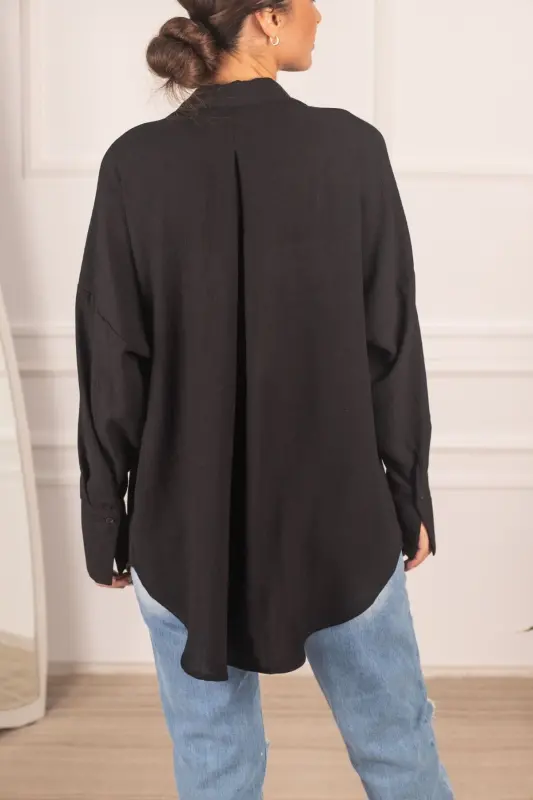 Kadın Siyah Oversize Dokulu Keten Görünümlü Geniş Manşetli Gömlek Arm-24k001001-Siyah - 5