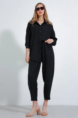 Kadın Siyah Oversize Keten Alt Üst Takım 6622 - SİYAH 