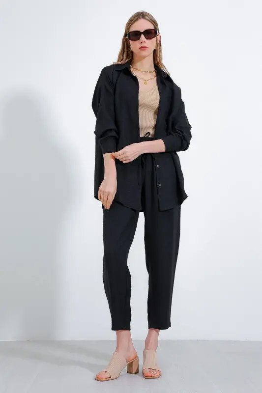 Kadın Siyah Oversize Keten Alt Üst Takım 6622 - SİYAH - 3