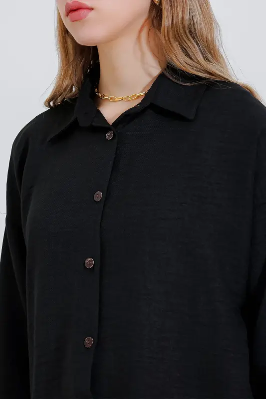 Kadın Siyah Oversize Keten Alt Üst Takım 6622 - SİYAH - 4
